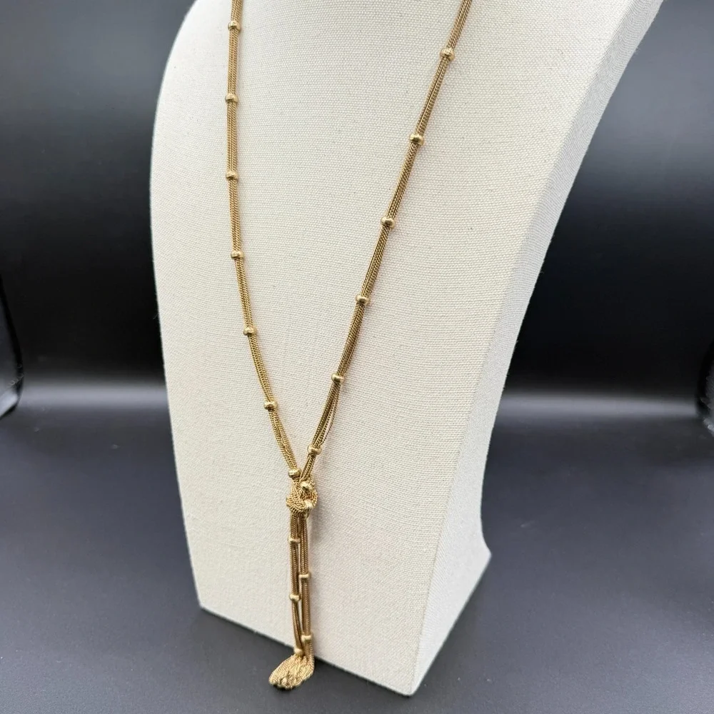 Gold Tone Multi Strand Mesh Chain Lariat Knot Tassel Necklace Statement Boho